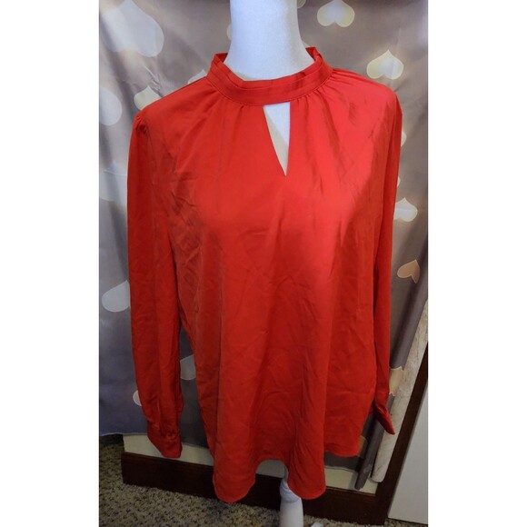 NWT Size Large Allegra K Red Stand Collar Pleated Button Keyhole Blouse - Picture 12 of 12